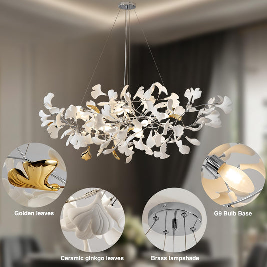 Luxury Branch Chandelier Ceramic Leaf Brass Rectangular Hanging Light for Dining Room