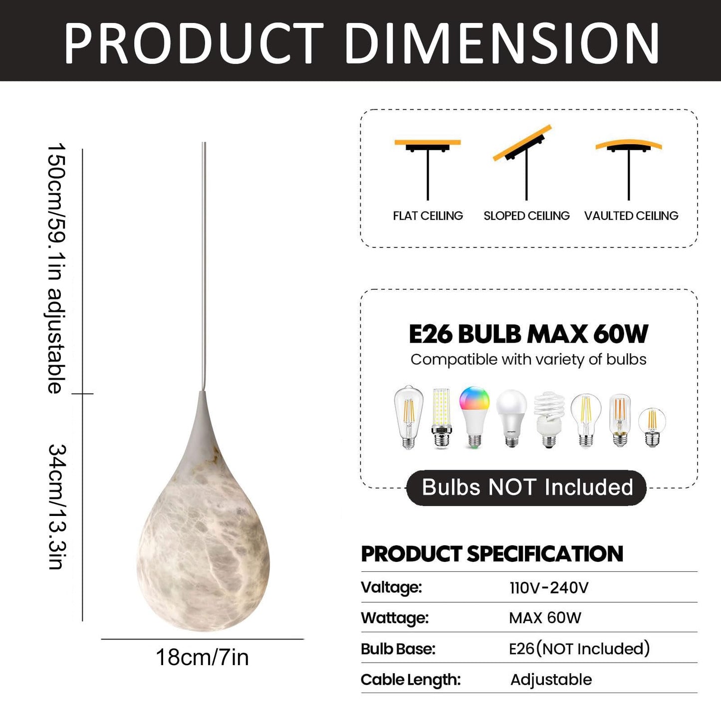 Luxury Alabaster Pendant Light 18cm Brass and Copper Natural Stone Hanging Lamp for Dining Room and Kitchen Island