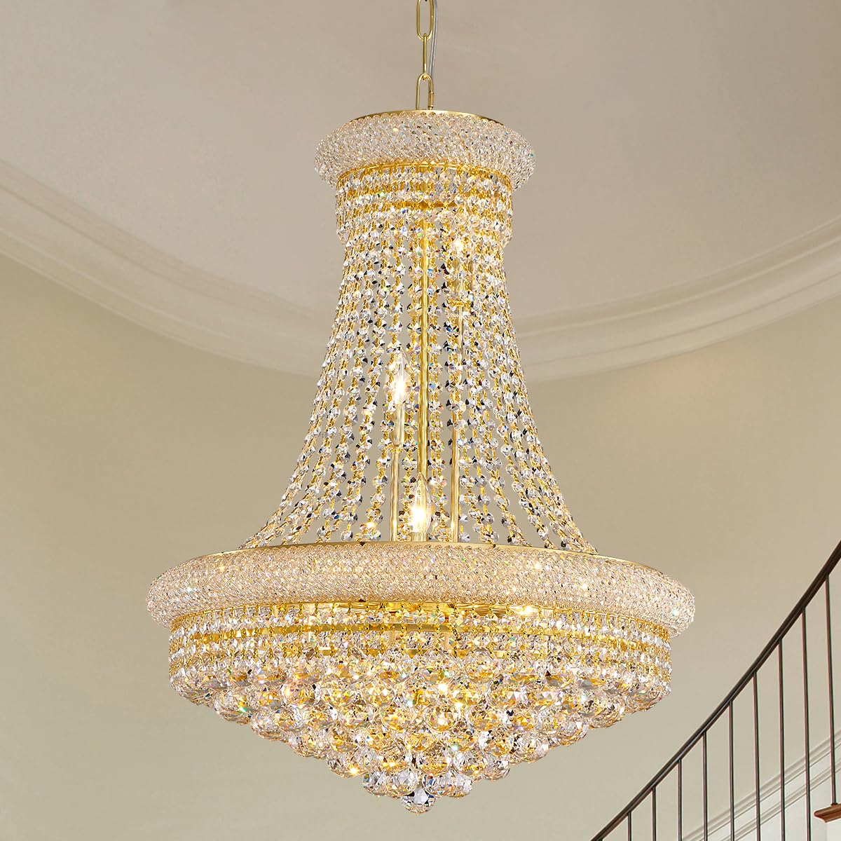 19-Lights High Ceiling Chandelier Modern Gold Crystal Chandeliers Large Foyer Chandelier Fixtures for Staircase Living Room Hallway Entryway