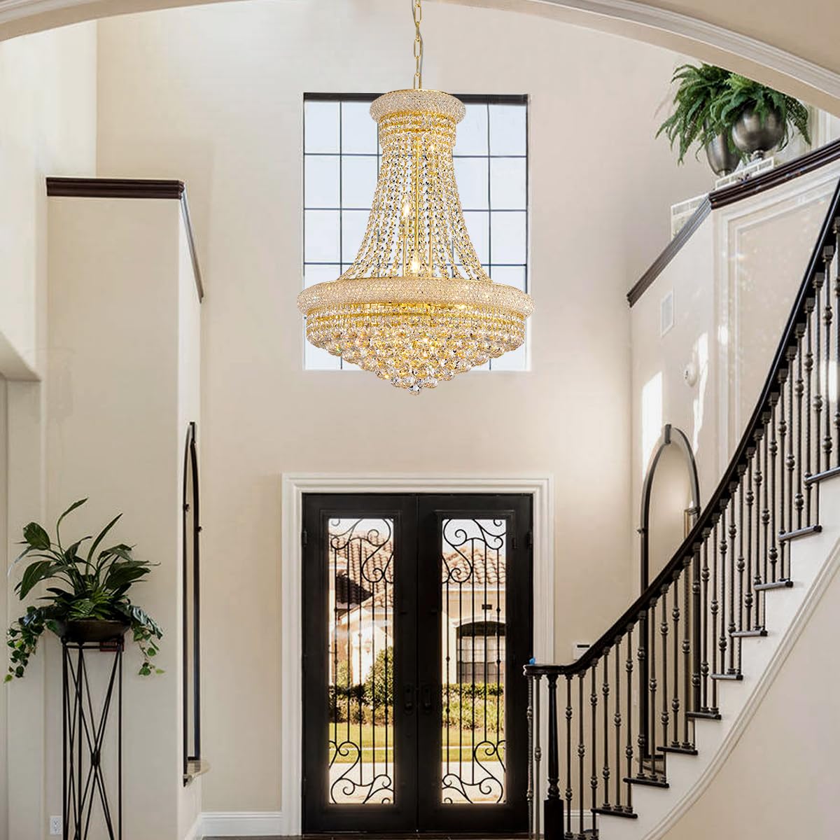 19-Lights High Ceiling Chandelier Modern Gold Crystal Chandeliers Large Foyer Chandelier Fixtures for Staircase Living Room Hallway Entryway