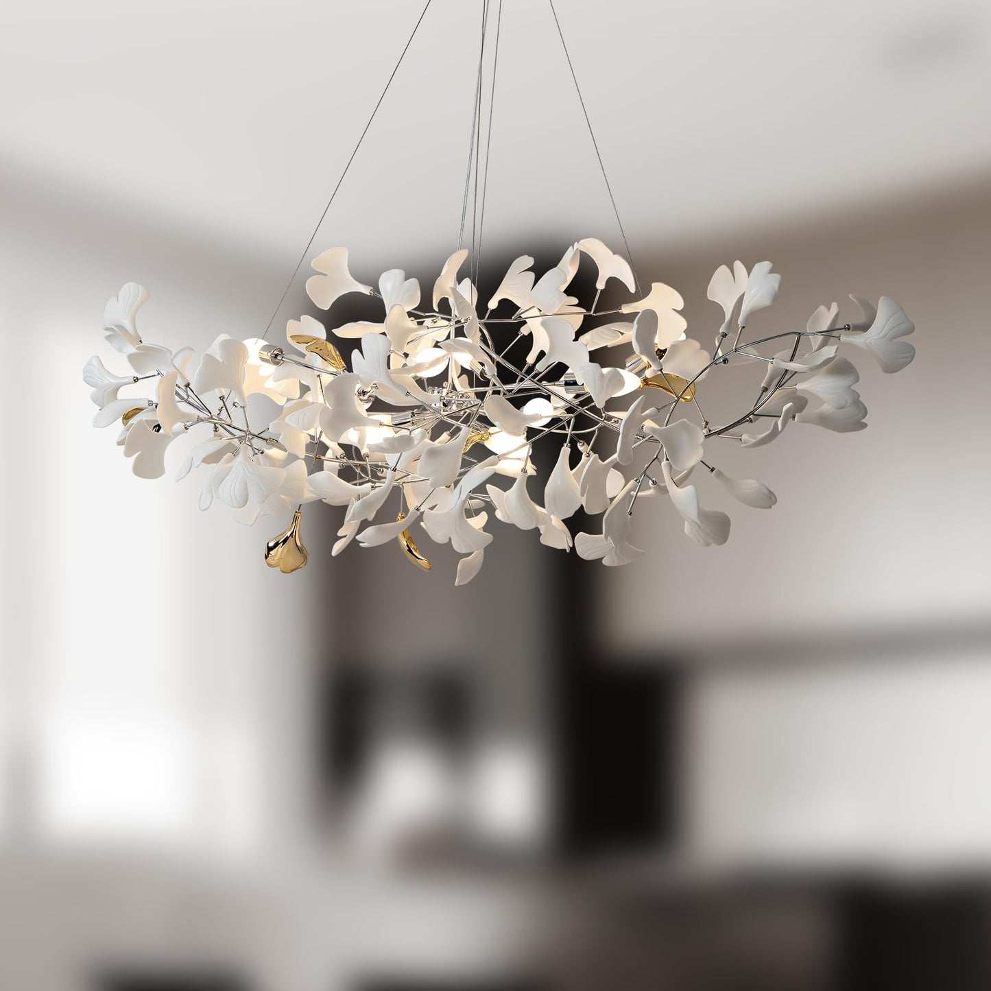 Luxury Branch Chandelier Ceramic Leaf Brass Rectangular Hanging Light for Dining Room