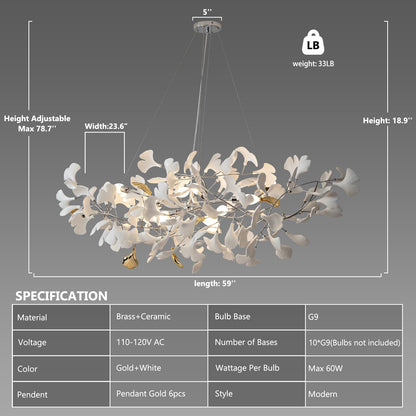 Luxury Branch Chandelier Ceramic Leaf Brass Rectangular Hanging Light for Dining Room