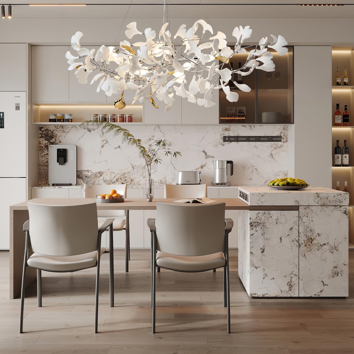 Luxury Branch Chandelier Ceramic Leaf Brass Rectangular Hanging Light for Dining Room