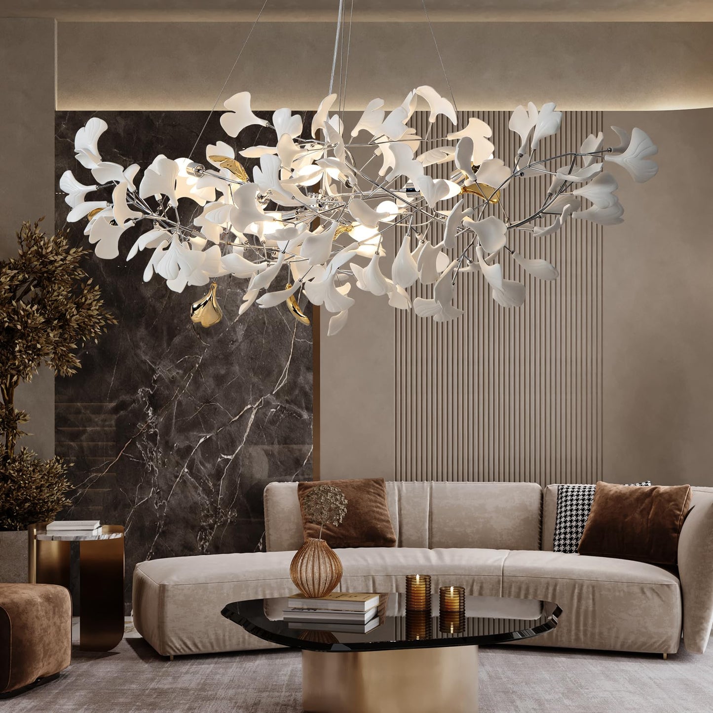 Luxury Branch Chandelier Ceramic Leaf Brass Rectangular Hanging Light for Dining Room