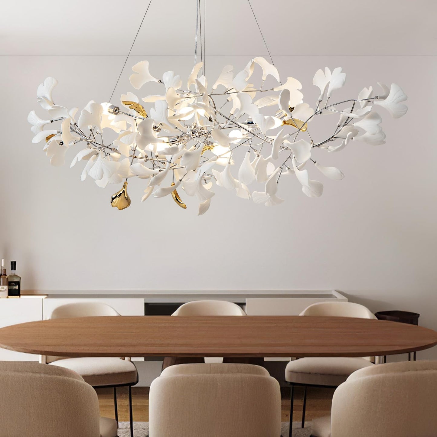 Luxury Branch Chandelier Ceramic Leaf Brass Rectangular Hanging Light for Dining Room