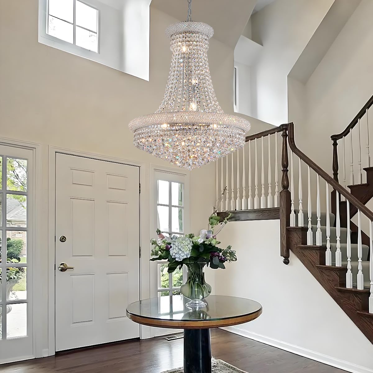19-Lights High Ceiling Chandelier Modern Gold Crystal Chandeliers Large Foyer Chandelier Fixtures for Staircase Living Room Hallway Entryway