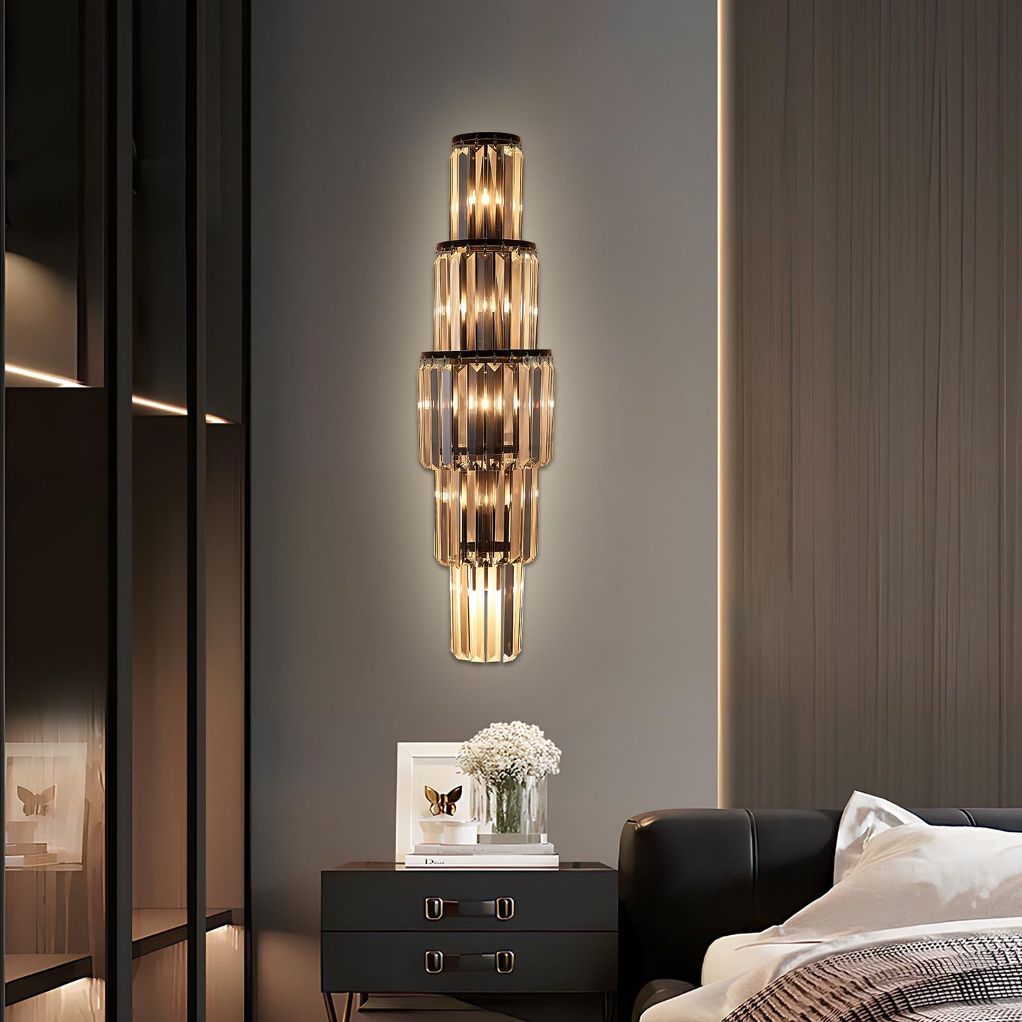 29.5 inch Modern Wall Sconce Contemporary Crystal Wall Sconce 5-Light Gold Bathroom Light Fixtures for Bedroom Hallway Living Room