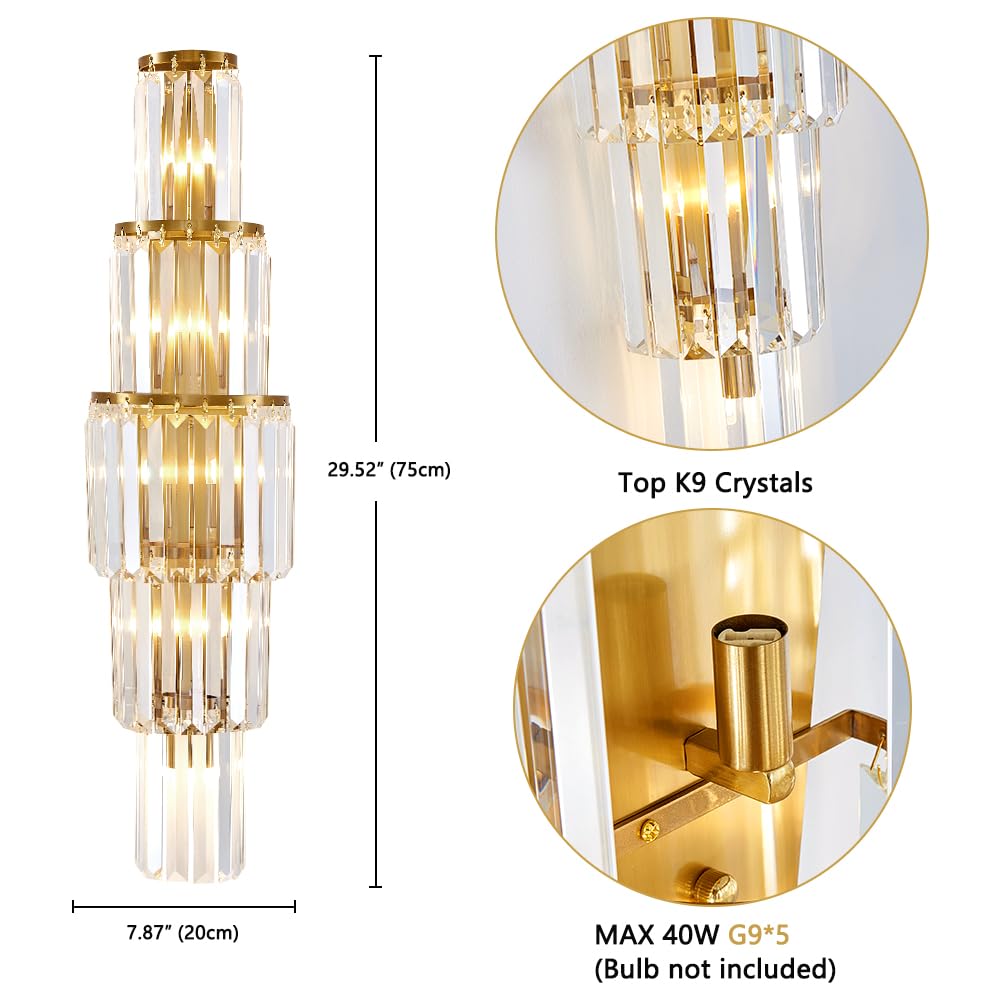 29.5 inch Modern Wall Sconce Contemporary Crystal Wall Sconce 5-Light Gold Bathroom Light Fixtures for Bedroom Hallway Living Room