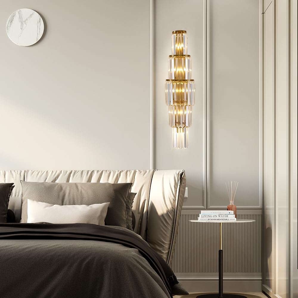 29.5 inch Modern Wall Sconce Contemporary Crystal Wall Sconce 5-Light Gold Bathroom Light Fixtures for Bedroom Hallway Living Room