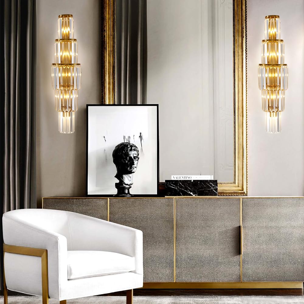 29.5 inch Modern Wall Sconce Contemporary Crystal Wall Sconce 5-Light Gold Bathroom Light Fixtures for Bedroom Hallway Living Room