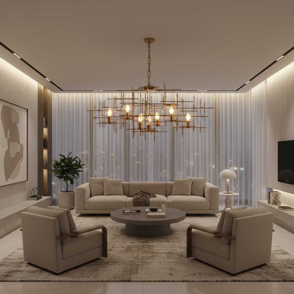 Modern Living Room with Sculptural Chandelier